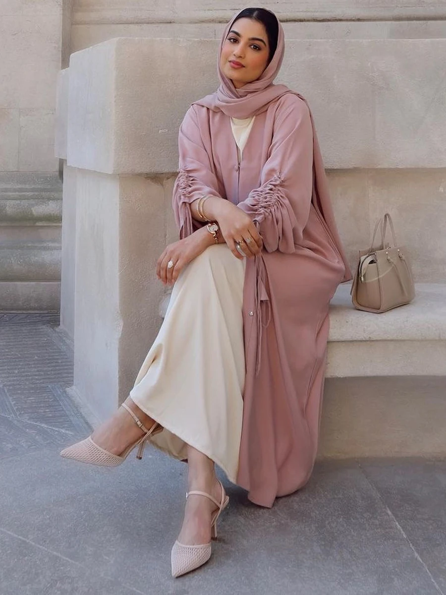 Ruched Sleeves Dubai Abaya Open Front Kimono Islamic Clothing Muslim Women Ramadan Eid Hijabi Robe Kaftan Turkish Modest Outwear