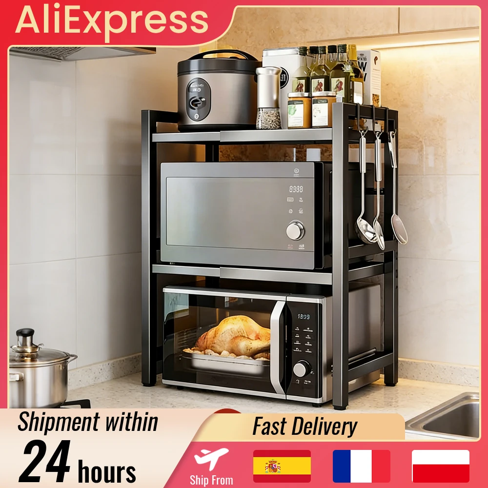 1 Stück Ausziehbares Mikrowellen-Aufbewahrungsregal, Platzsparender Küchenutensilien-Organizer für die Arbeitsplatte, Küchenzubehör Metallregal mit 6 Haken, Ausziehbar 40-64cm