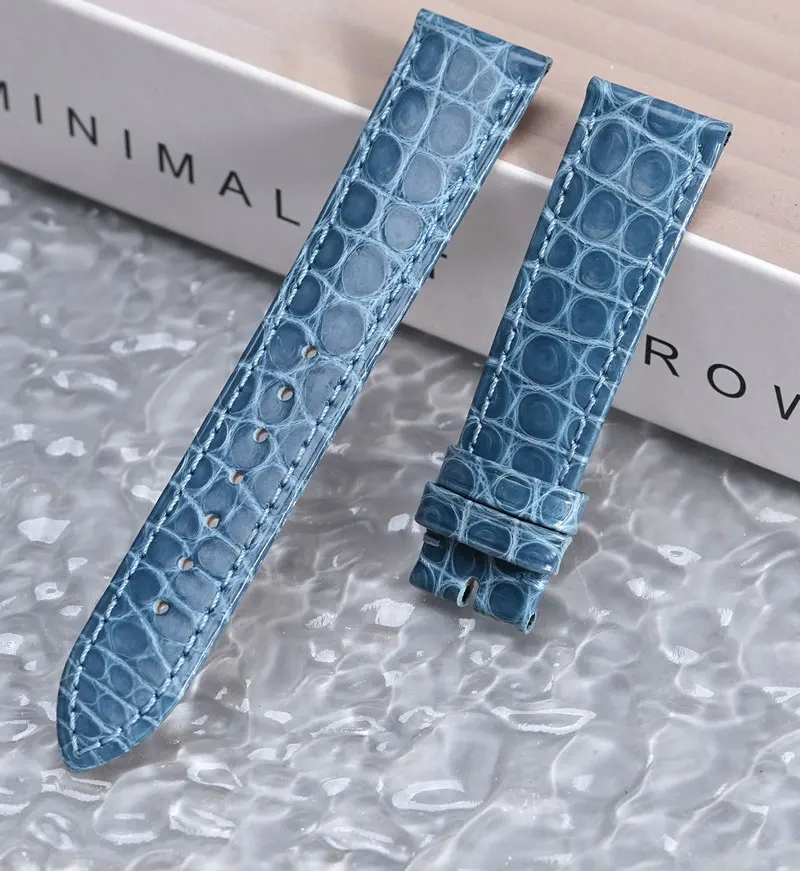 Handmade Custom Circular Crocodile Skin Watchbands Flat Interface Alligator Strap 15MM 16MM 18MM Belt Waterproof Calfskin Lining