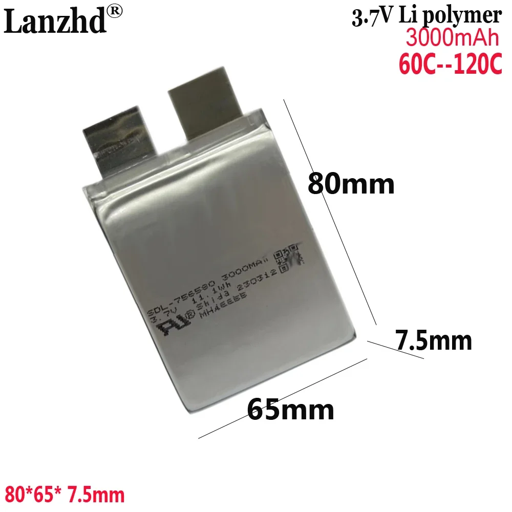 

3.7V li Polymer high rate 60C 120C For electric spot welding machine starting power supply Diy Pack Power Tools 756580 3000mAh