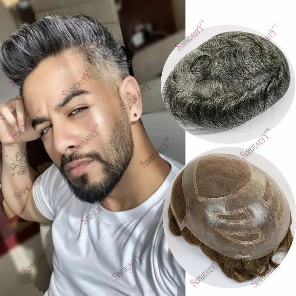 

1B40# Black Grey Versalite Mens Toupee Breathable 100% Human Hair Natural Hairline Hair Pieces Male Wigs Lace Front With PU Unit