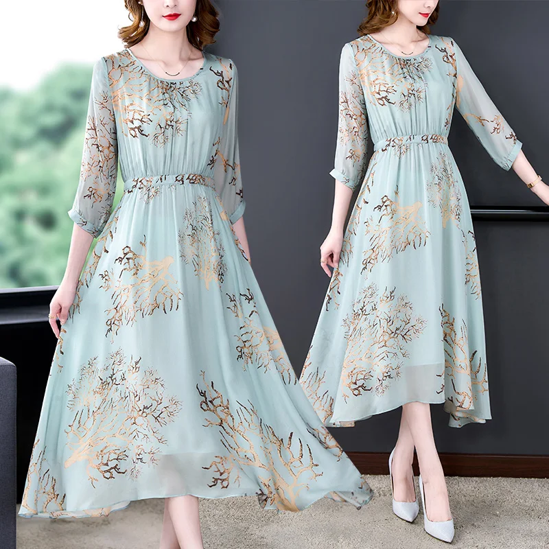 Summer Blue Floral Natural Silk Vacation Midi Dress Women Vintage Fashion Beach Prom Dress Korean Elegant Evening Vestidos