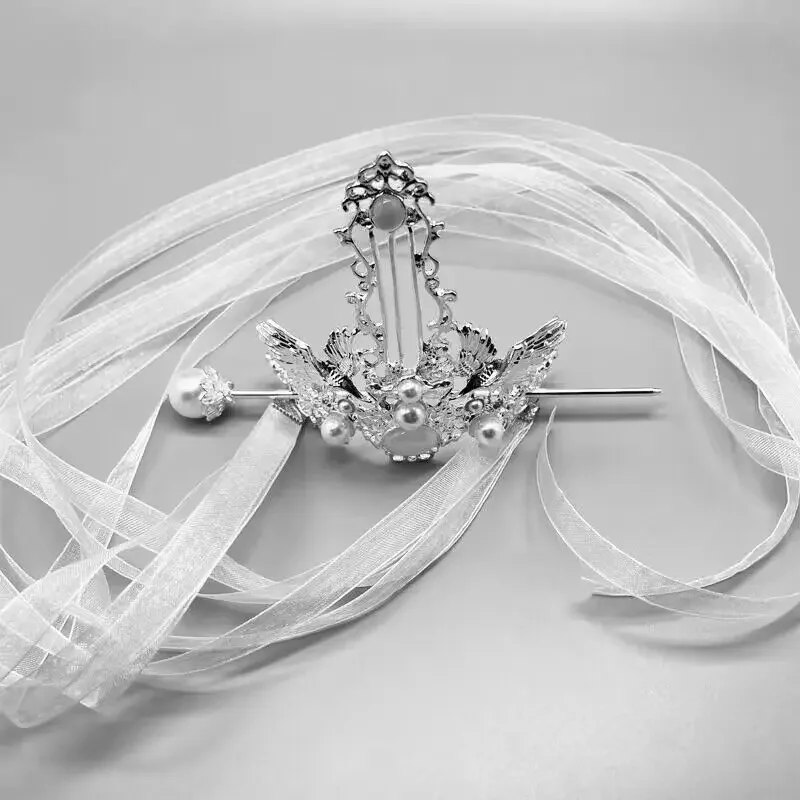 

Women's Silver Plated Double Crane Hair Crown With Long Ribbon Chinese Headdress