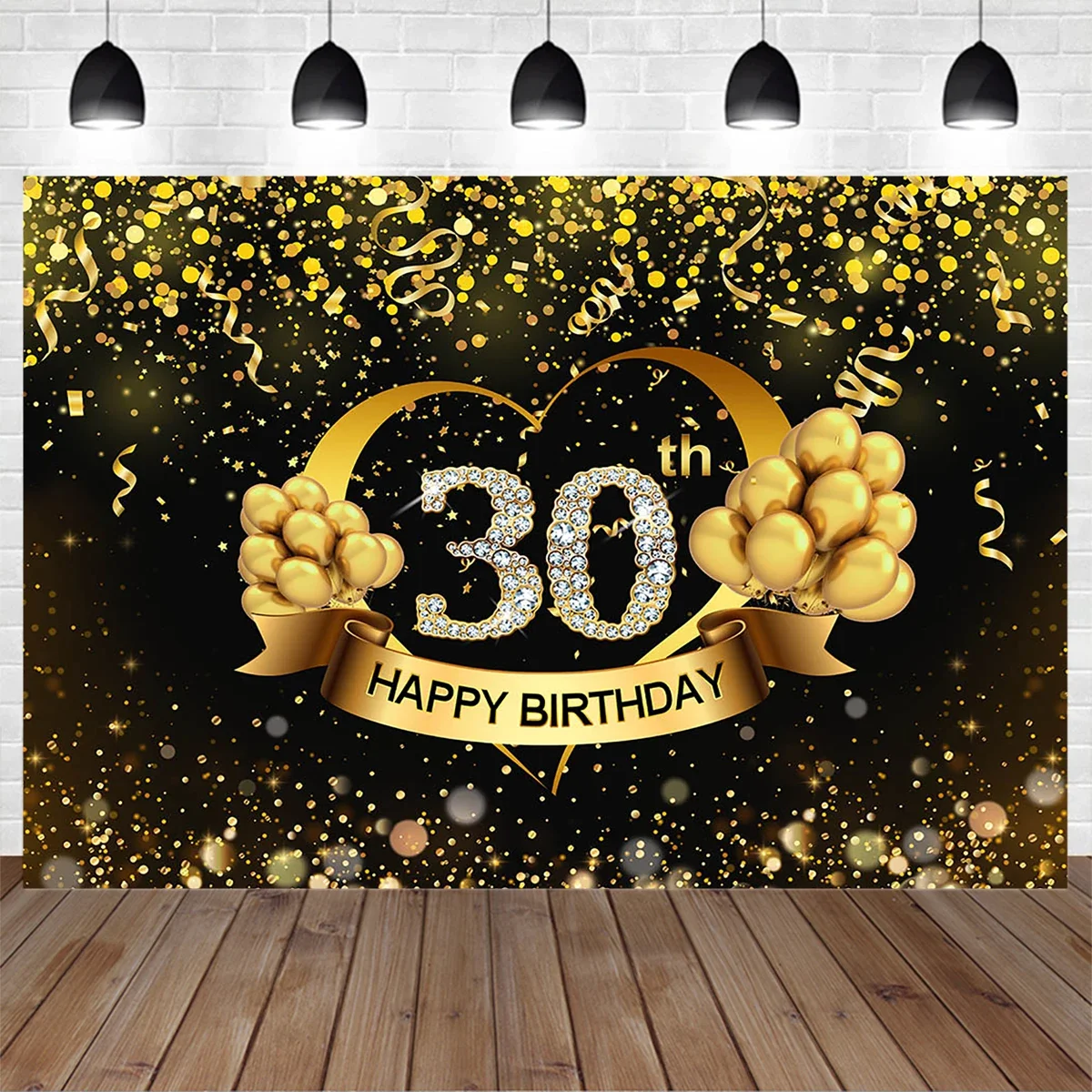 Mocsicka Professional Custom Age 30th 40th Birthday Decor Backdrop Golden Balloon Ribbon Shiny Polka Dot Diamond Background Prop