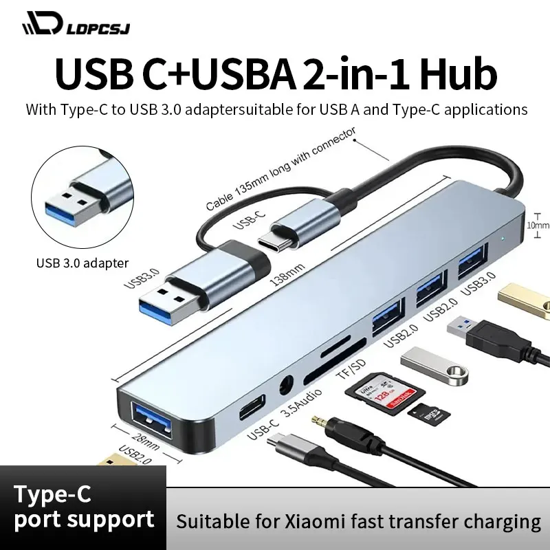 

8 в 1 USB-концентратор C, расширитель, многопортовый адаптер, разветвитель типа C, док-станция USB, 3 порта для телефона Xiaomi, планшета, быстрая передача данных, зарядка