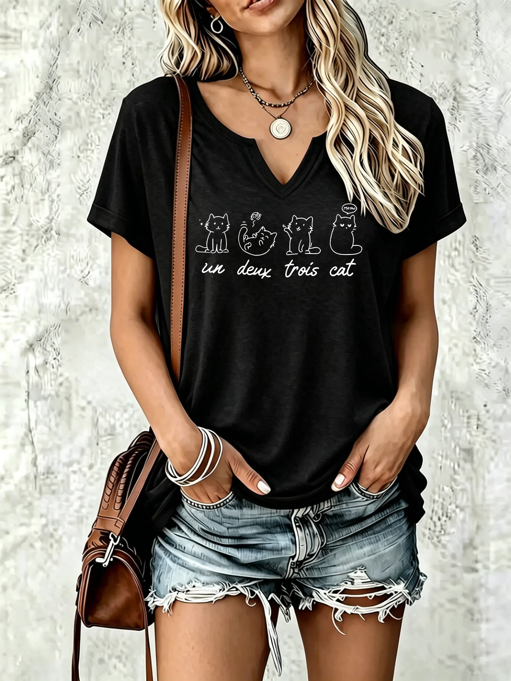 Damen-Sommer-T-Shirt mit V-Ausschnitt und kurzen Ärmeln, Un Deux Trois Cat Line Art Kitten Letter Graphic Print, lässiges, tägliches Damen-T-Shirt – Detail 6