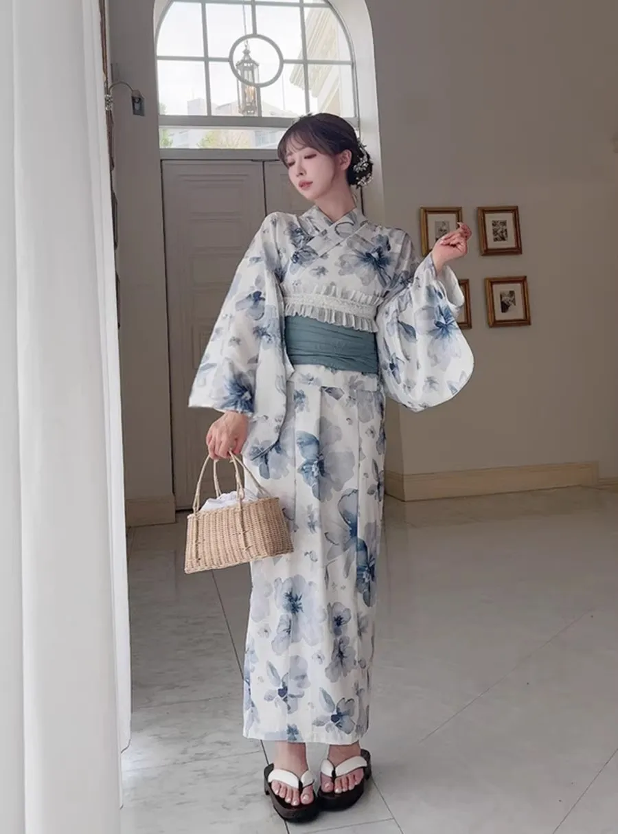 طقم كيمونو نسائي مكون من قطعتين - يفصل يوكاتا مع قميص قصير ورداء خارجي، ملابس يابانية قطنية تقليدية #4
