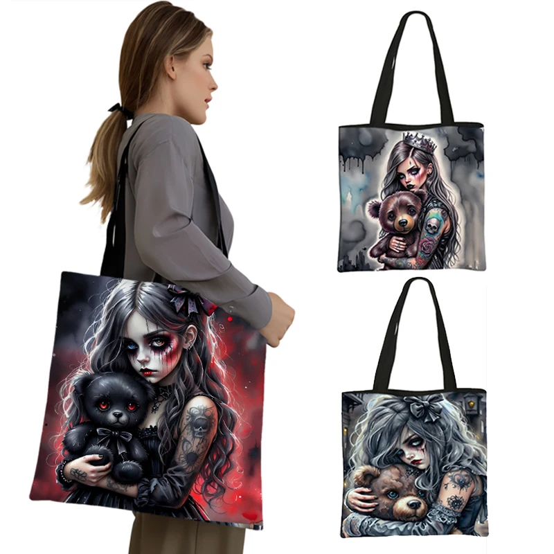 Cartoon Gothic Girl and Bear Doll Print Shopping Bag Goth Girl Women Totes Handbag Large Capacity Shoulder Bag Portable BookBag