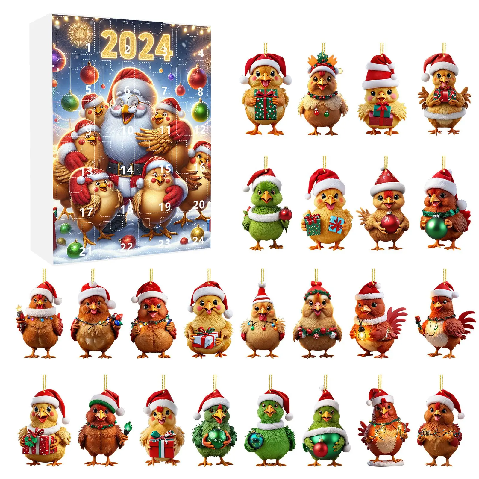 2D Christmas Home Chicken Ornaments With Santa Hats 2024 Christmas Holiday Advent Calendar Christmas Tree 2D One Minute Timer