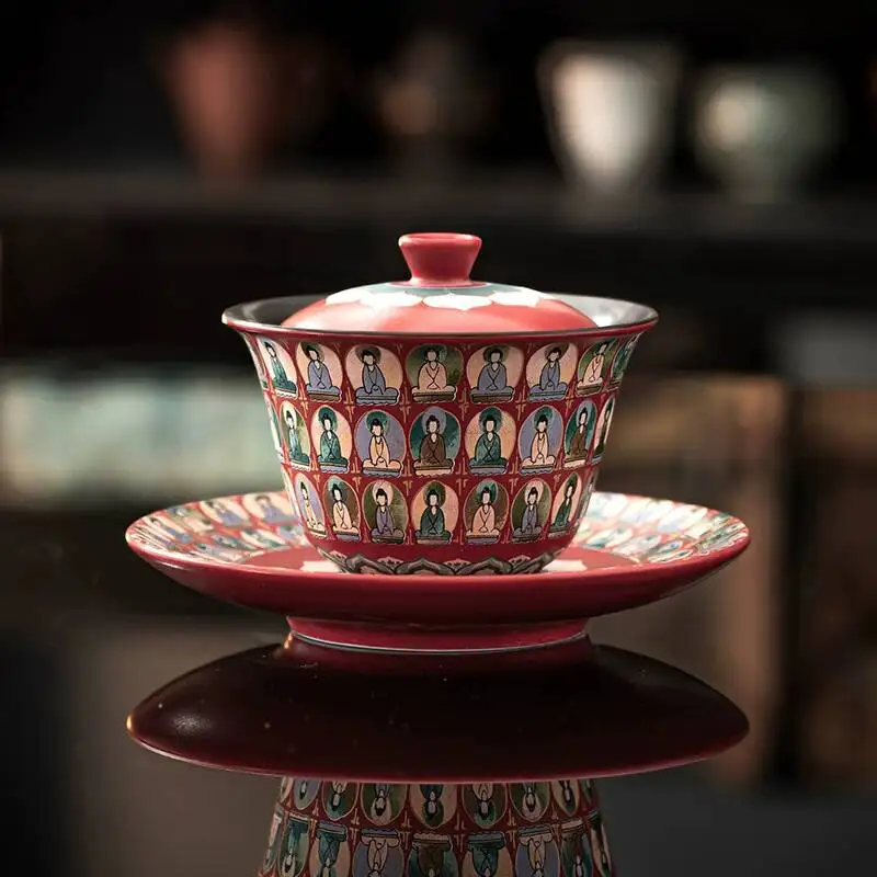 Guoyu Dunhuang Series Cultural And Creative Mogao Cave Thousand Buddhas Three-Talents Gaiwan Kung Fu Set High-End Tea Brewing