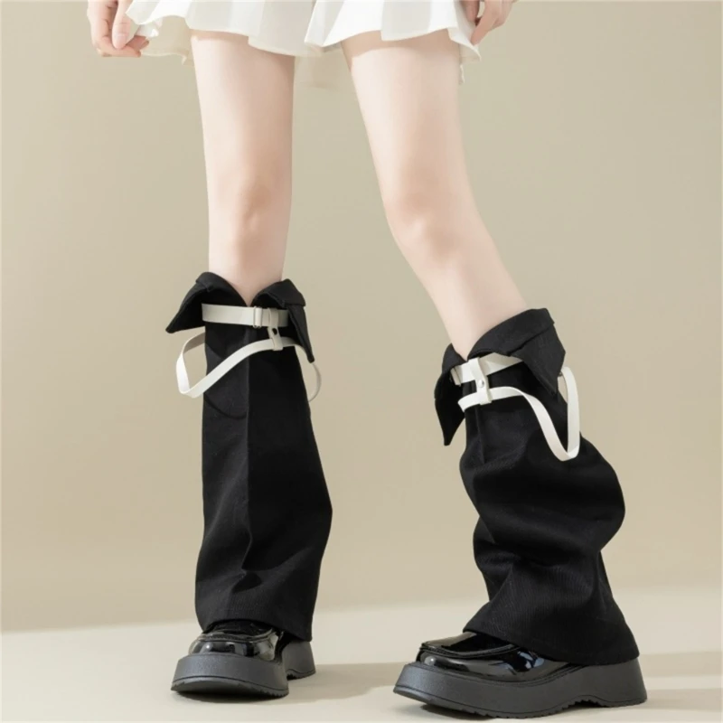 Womens Y2K Subculture Long Socks Flared Leg Warmers Harajuku Booties Socks Sweet Cool Leather Buckle Ankle Heap Socks