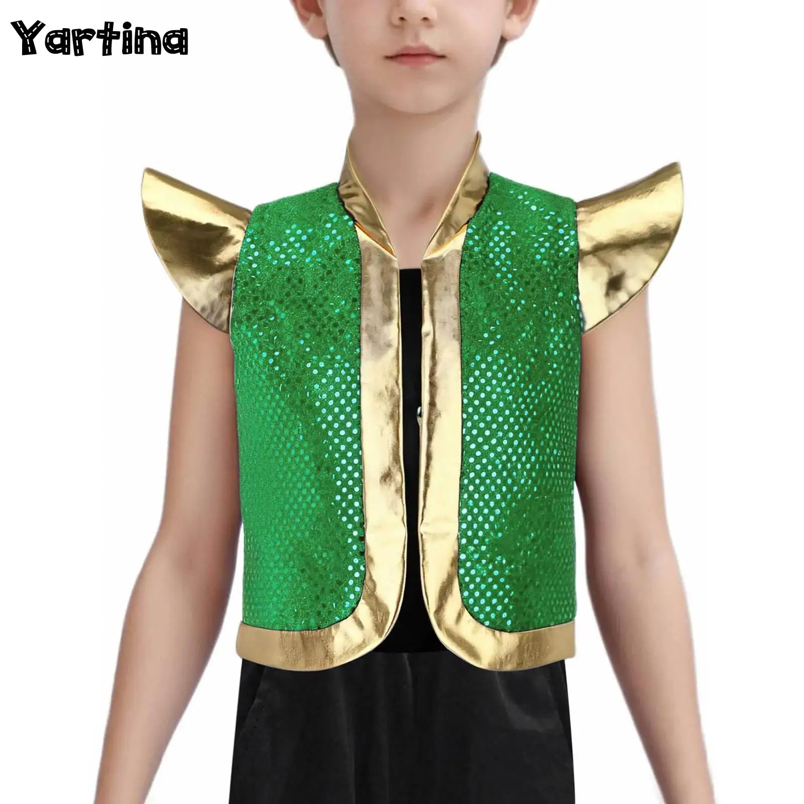 

Boys Fairy Tale Cosplay Outfits Halloween Stage Performance Costume Open Front Vest Shiny Sequins Metallic Arabian Vest Tops