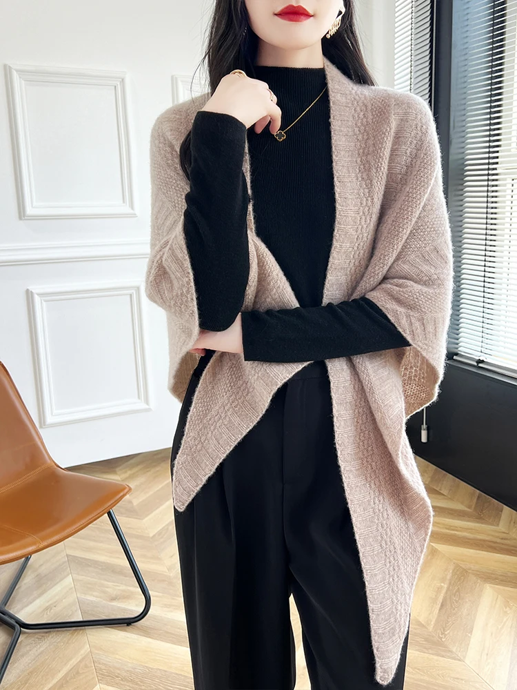 2024 New Women 100% Merino Wool Knitwear Cashmere Shawl  Female Soft Solid Color Fashion Warm Shawl