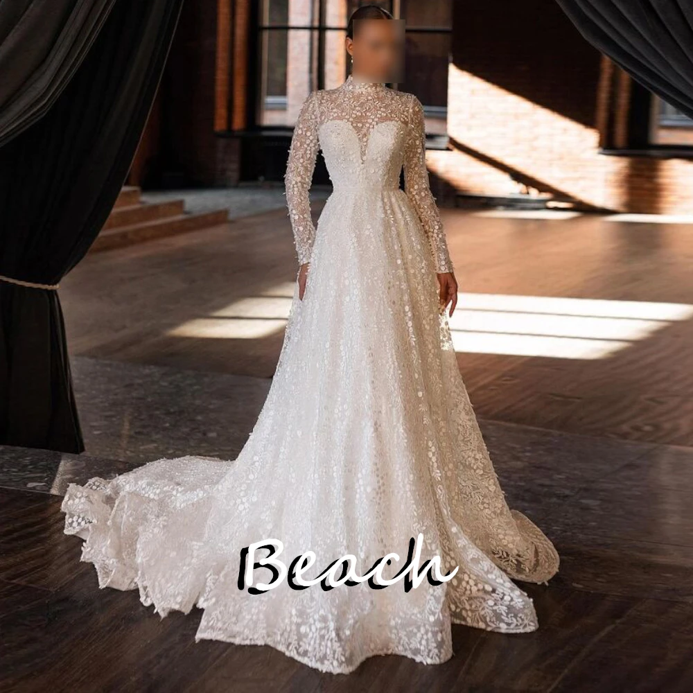 

Beach Appliques Flowers Panel Train Long Sleeves High Neckline V Neck Lace crystal Bespoke Occasion Wedding Gowns Floor Length