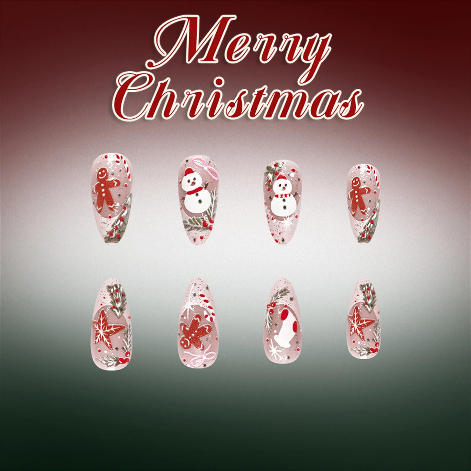 Christmas Party Press On Nails Nude Holiday Resin Tips for Women Winter Celebration Gingerbread Snowman Artificial Nails
