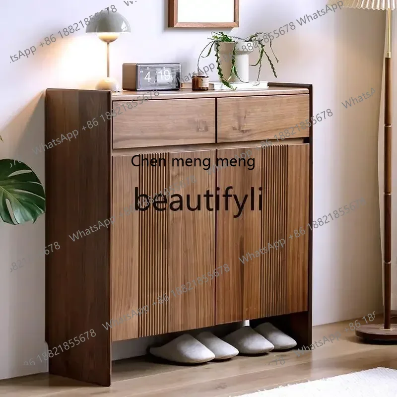 32All solid wood shoe cabinet North American black walnut porch retro storage shoe changing stool locker