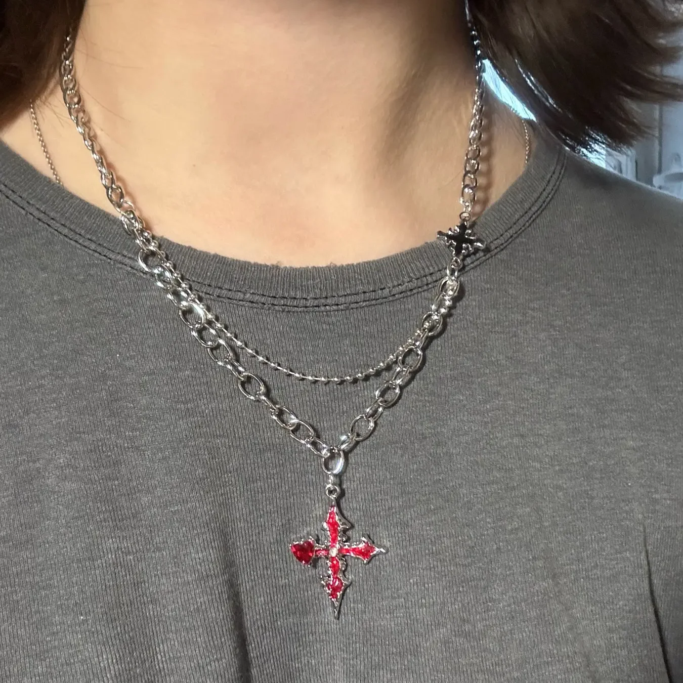 Y2k Red Cross Love Heart Pendants Necklace for Women Men Fashion Hip Hop Rope Chain Rave Gift Gothic Trendy Jewelry Accessories