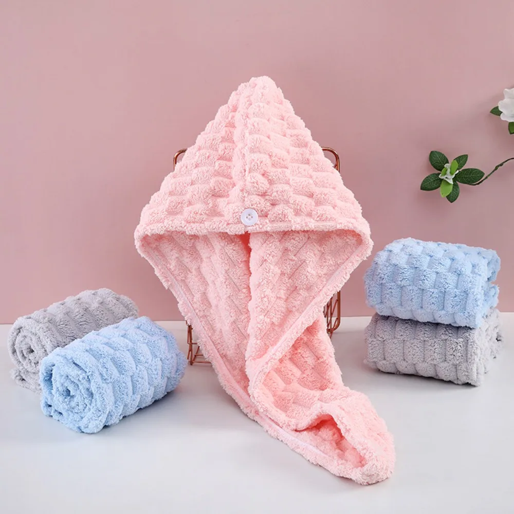 New Microfiber Quick-dry Hair Towel Cap with Button Super Absorption Bath Hat Fast Drying Hair Drying Wrap