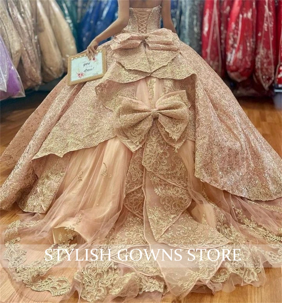 Champagne Rose Gold Off The Shoulder Ball Gown Quinceanera Dresses For Girls Beaded Birthday Party Gowns Lace Up Back Customized