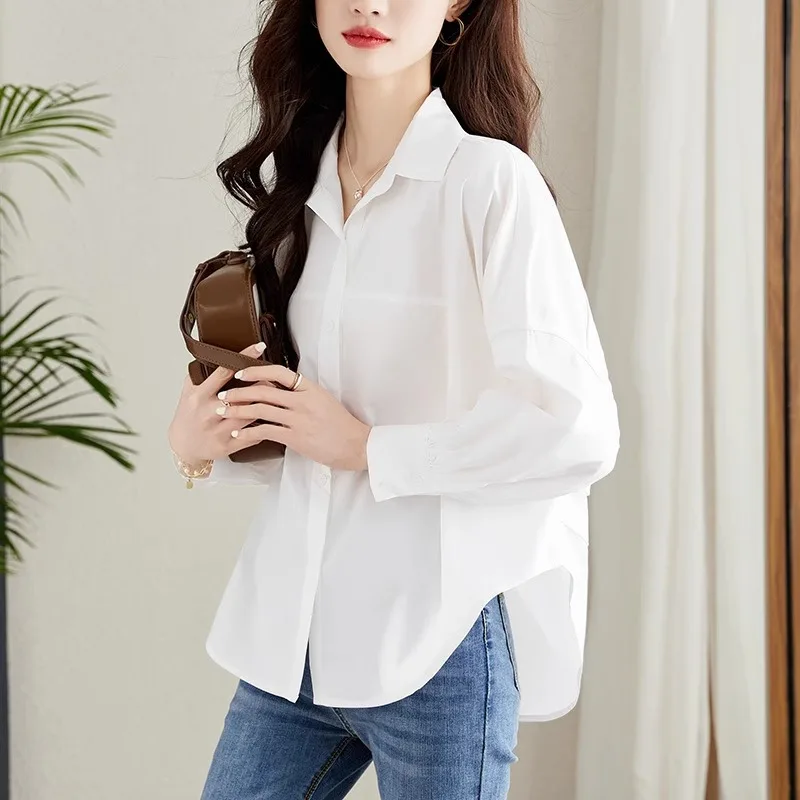 

Spring and Autumn Long Sleeve White Shirt for Women, Unique Design, Commuter Style, Plus Size, Loose Fit, New Fashionable and St