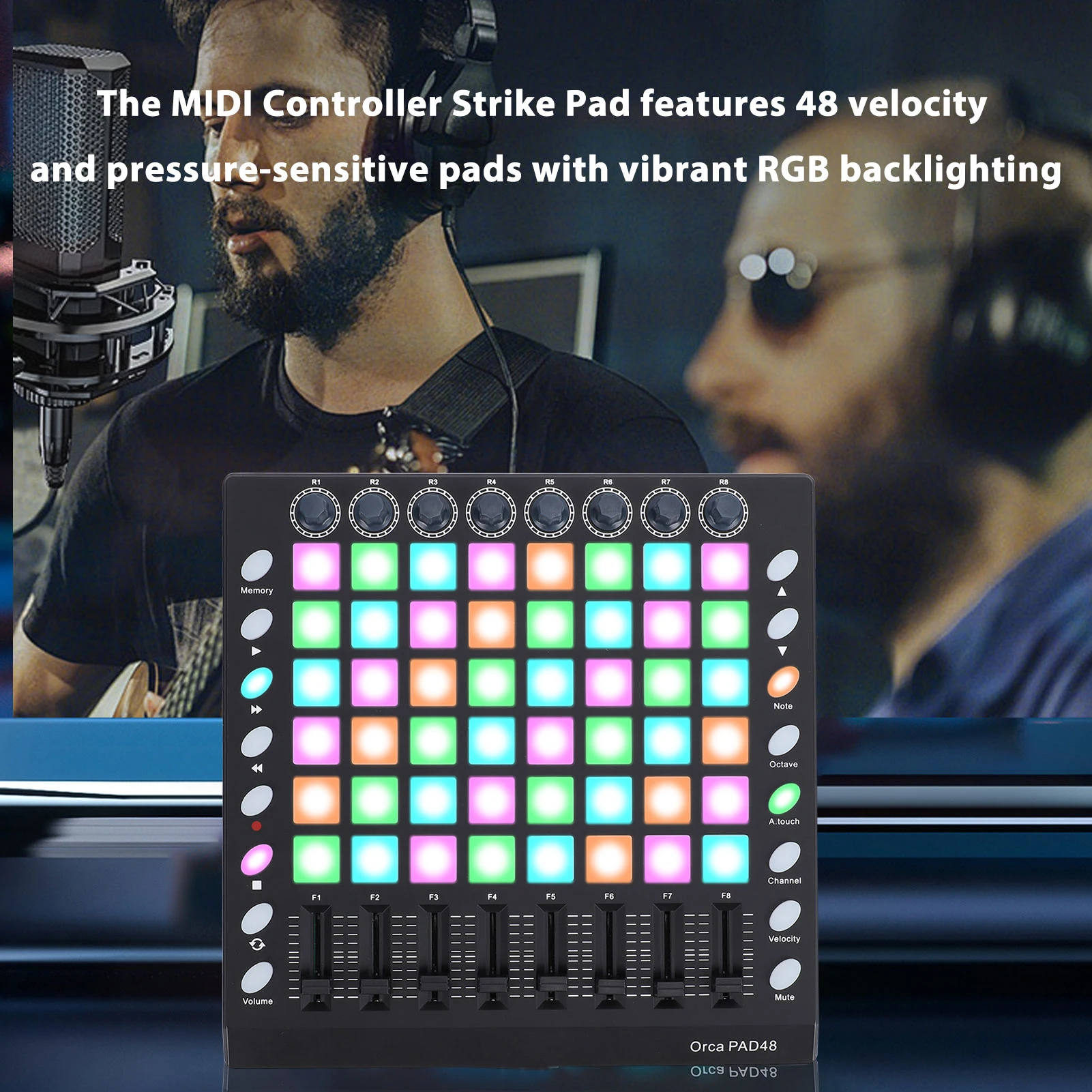 

MIDI-контроллер, барабанная площадка, 48 скоростных подушечек с RGB-подсветкой, 8 ручек, 8 ползунков, 16 функциональных кнопок, USB-портативная MIDI-подставка