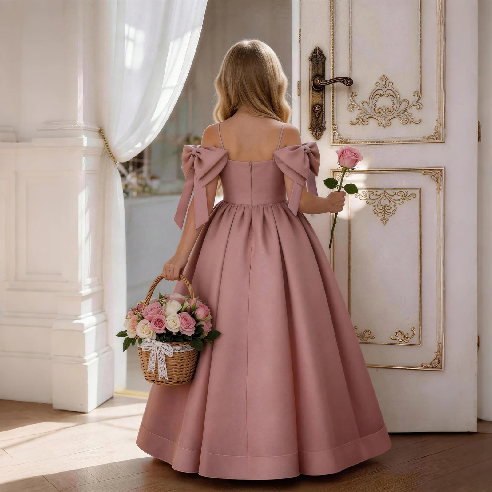 Girls' Piano Long Gown, Children's Birthday Party Host Performance Dress, Flower Girl Wedding Dress, Princess Dress, Children's Off-Shoulder Dress