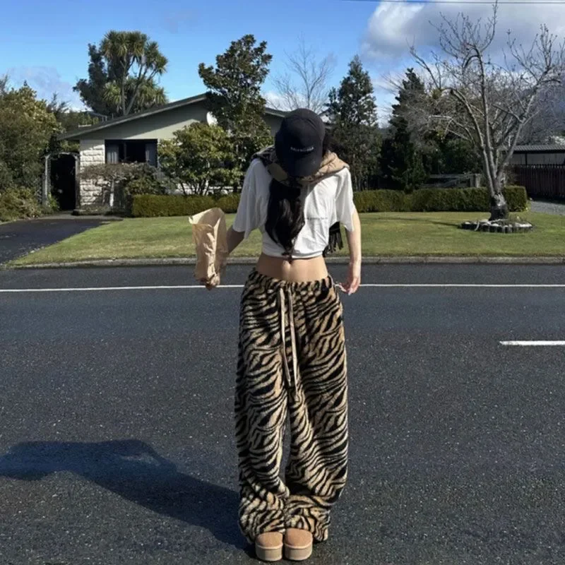 Samt hoch taillierte Hose mit weitem Bein für Damen, Leopardenmuster-Hose, faule Jogger, Damen-Freizeithose, Herbst und Winter, neue Streetwear