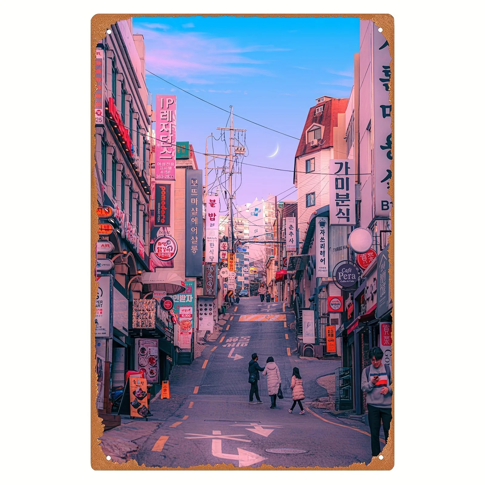 Seoul Cityscape Metal Wall Art, Vintage-Inspired Tin Print, Retro Urban Street Scene, Weather-Resistant Decor for Bars, Clubs, C