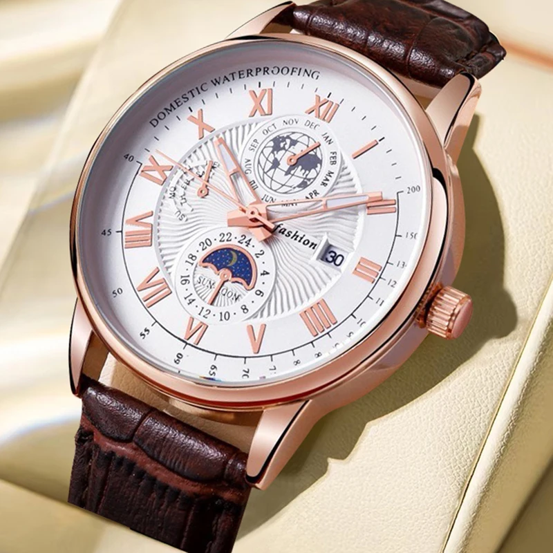 

Мужские коричневые кожаные ремешки, модные спортивные кварцевые часы с римскими цифрами и датой