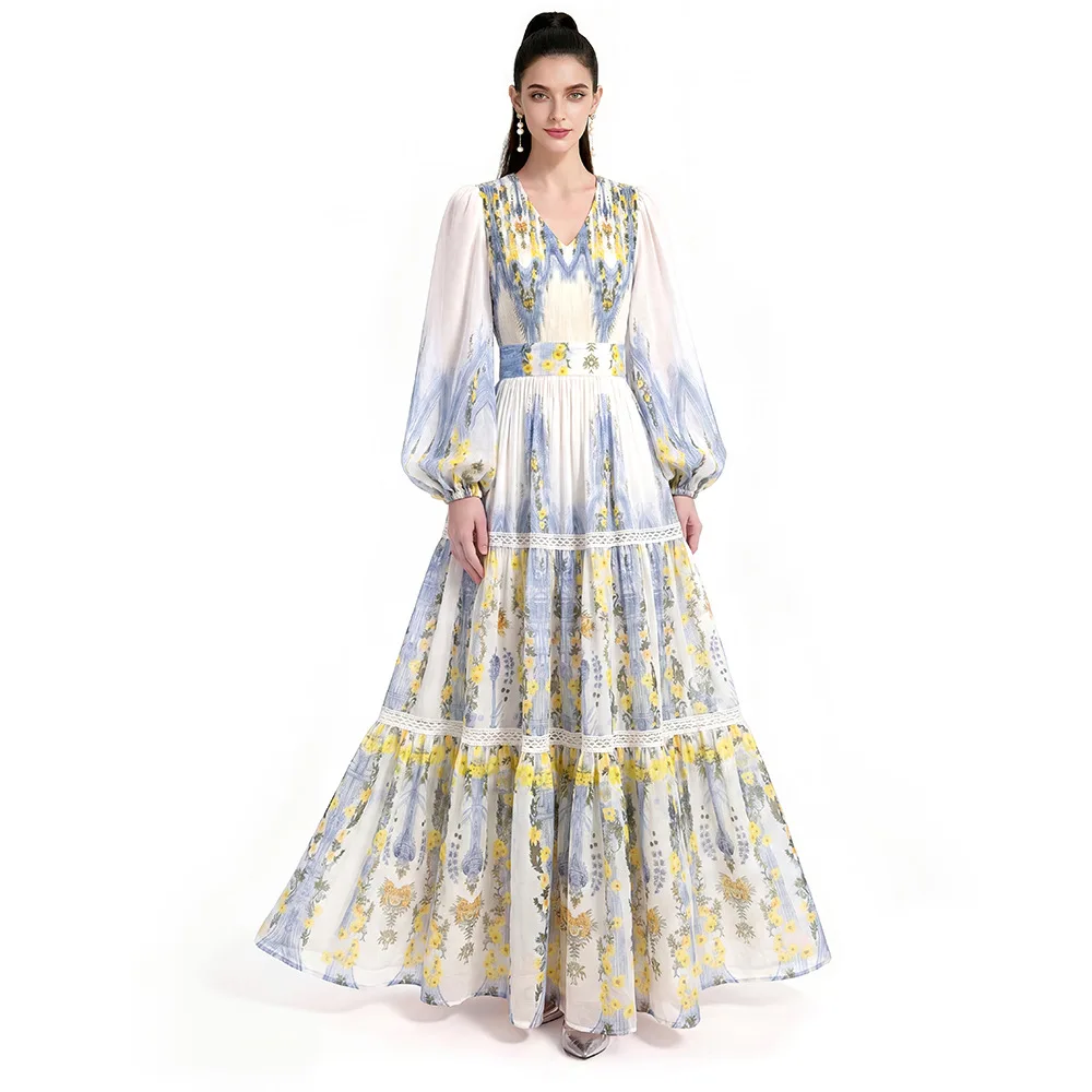 Women's Cross-Border Fashion Waist-Cinching Maxi Dress Spring Elegant Long Printed Skirt V-neck Lantern Sleeve Polyester Gown