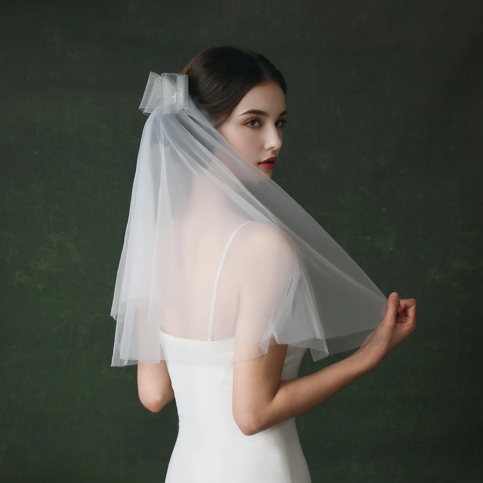 Short bridal veil new style high-quality bow-shaped veil white 2-layer with metal hair comb 3D bow non-slippery hair romant G95