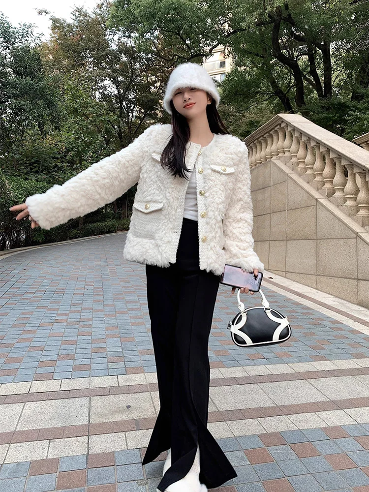 

Lamb Wool Jacket Woman Distressed Short Party Sweet Zip-Up Chic Gold Silhouette Notched Lapels Hooded Summer Sporty Comfort Vibe