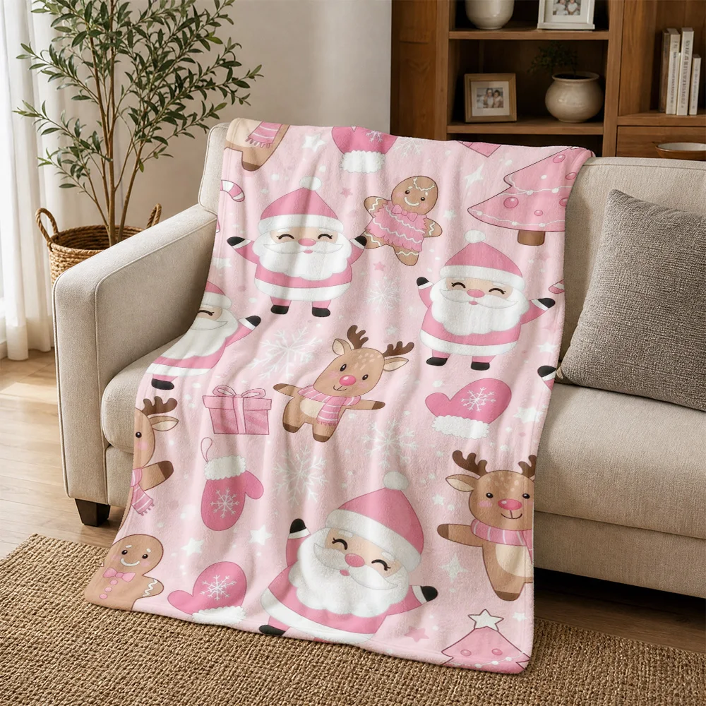 Cute Christmas Reindeer Santa Claus Gingerbread Man Pattern Throw Blanket for Sofa Bedding Holiday Decor