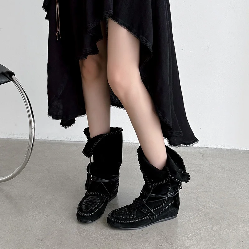 QUTAA 2026 Fashion Winter Cow Suede Women Ankle Boots Tassel Western Cowgirl Shoes Mid Heels Pointed Toe Lady Short Boots 34-40