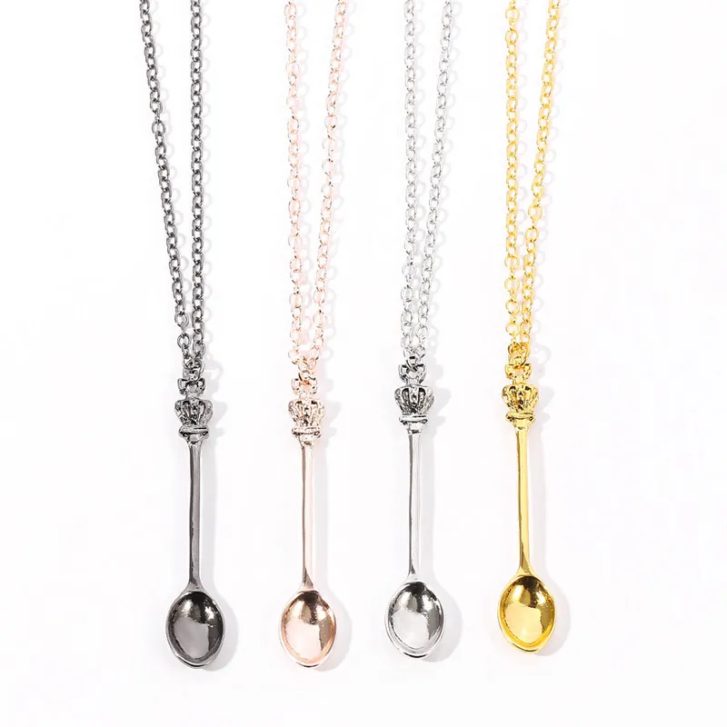 Simple Mini Crowns Teaspoon Spoon Pendant Necklace Crowns Spoon Necklace Fashion Jewelry for Women Girls