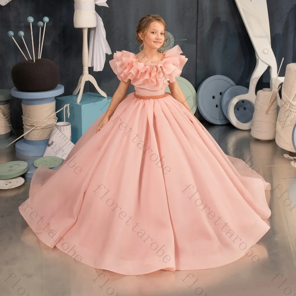 Customized Pink Chiffon Flower Girl Dress Ball Gown Floor Length Off Shoulder Short Ruffle Sleeve Beaded Waist Wedding Kids Gown
