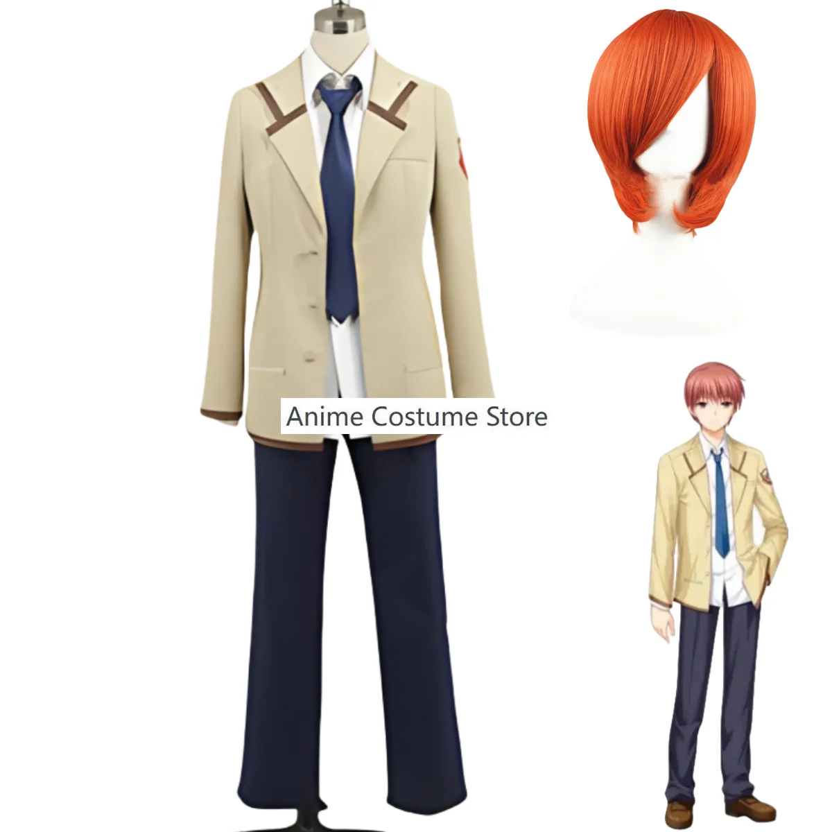 Anime Angel Beats! Otonashi Yuzuru Cosplay Costume Wig Japanese Coffee Color School Uniforms Coat Adult Man Campus Suit