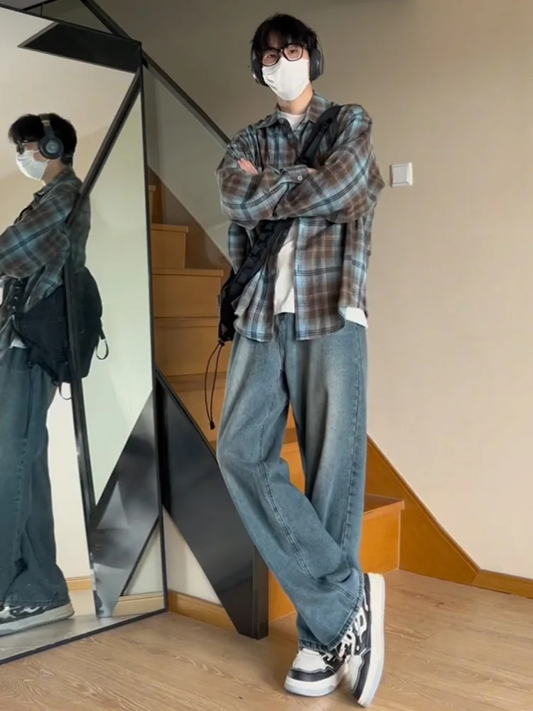 

Мужские джинсы American Sle с винтажной талией, осень 2024, новые повседневные прямые широкие брюки High Street для мальчиков-подростков