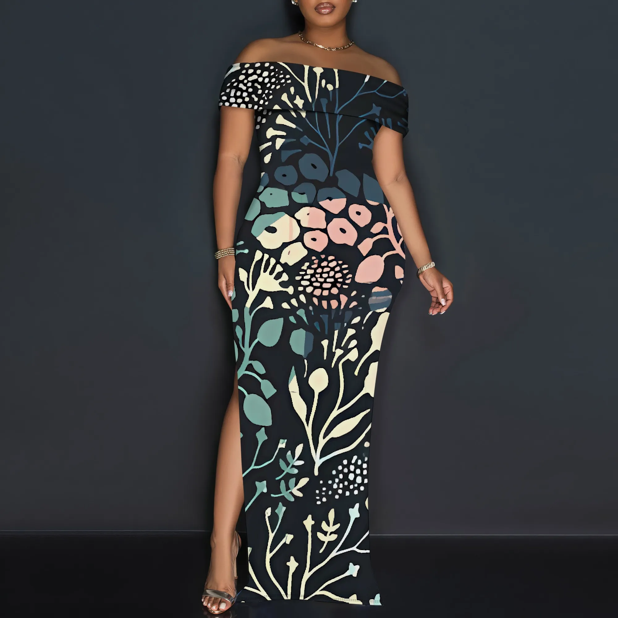 فستان ماكسي أنيق بدون أكتاف مع طباعة زهور نابضة بالحياة - فستان بمقاس كبير للصيف