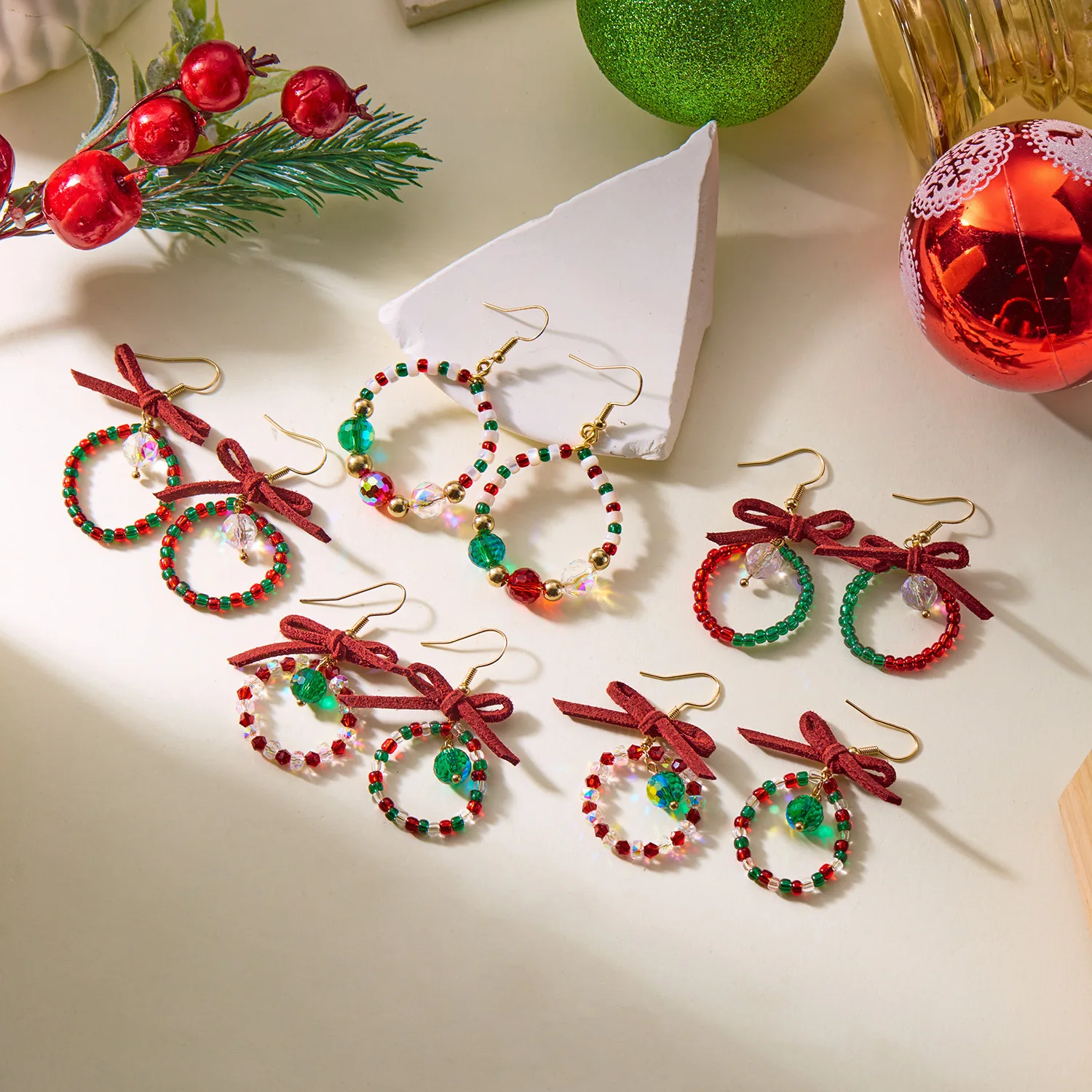 New Year Christmas Series Earrings Colorful Wreath Butterfly Knot Rice Bead Crystal Women's