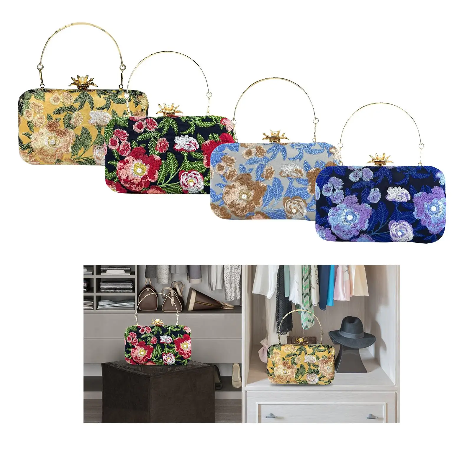 

Trendy Embroidered Evening Bag with Detachable Chain Strap Womens Clutch