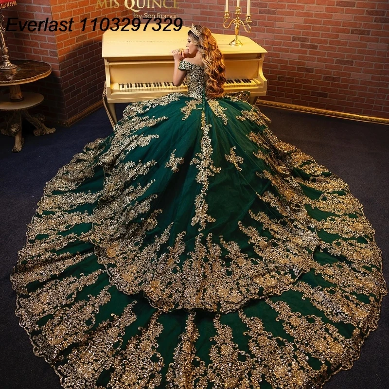 EVLAST Customized Green Quinceanera Dress Ball Gown Gold Lace Applique Beading Tiered Corset Sweet 16 Vestidos De 15 Anos TQD887