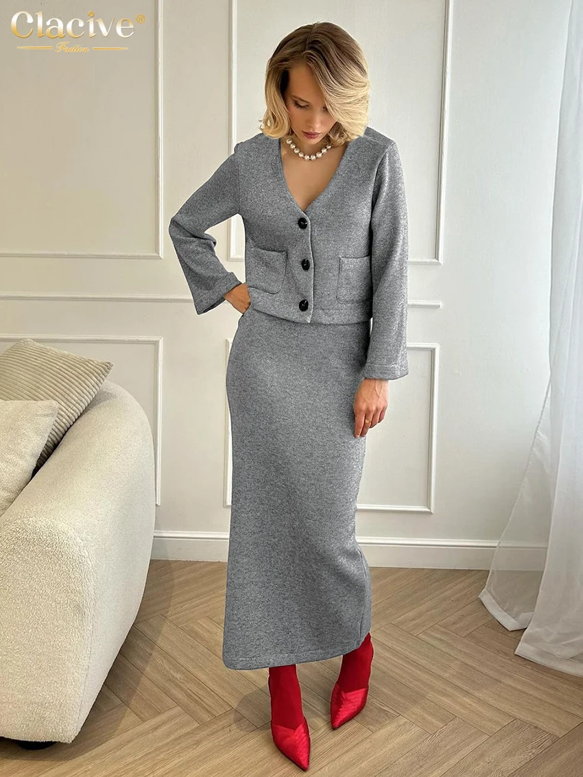 Clacive Fashion Loose Gray Office 2 Piece Sets Women Outfit 2025 Elegant Long Sleeve Crop Top With High Waist Long Skirt Set