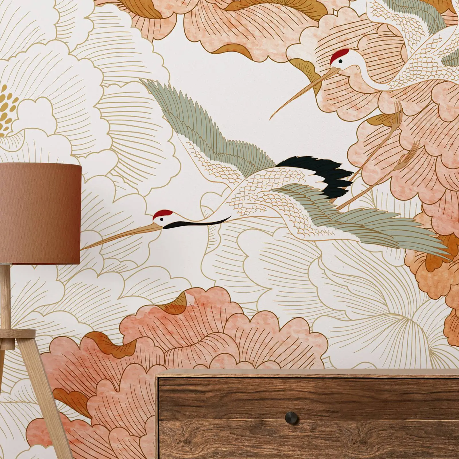 Crane Birds With Peony Flower Wall Mural,Japanese Watercolor Floral Wallpaper For Room Decoration, Regular Un-paste , Pvc Free