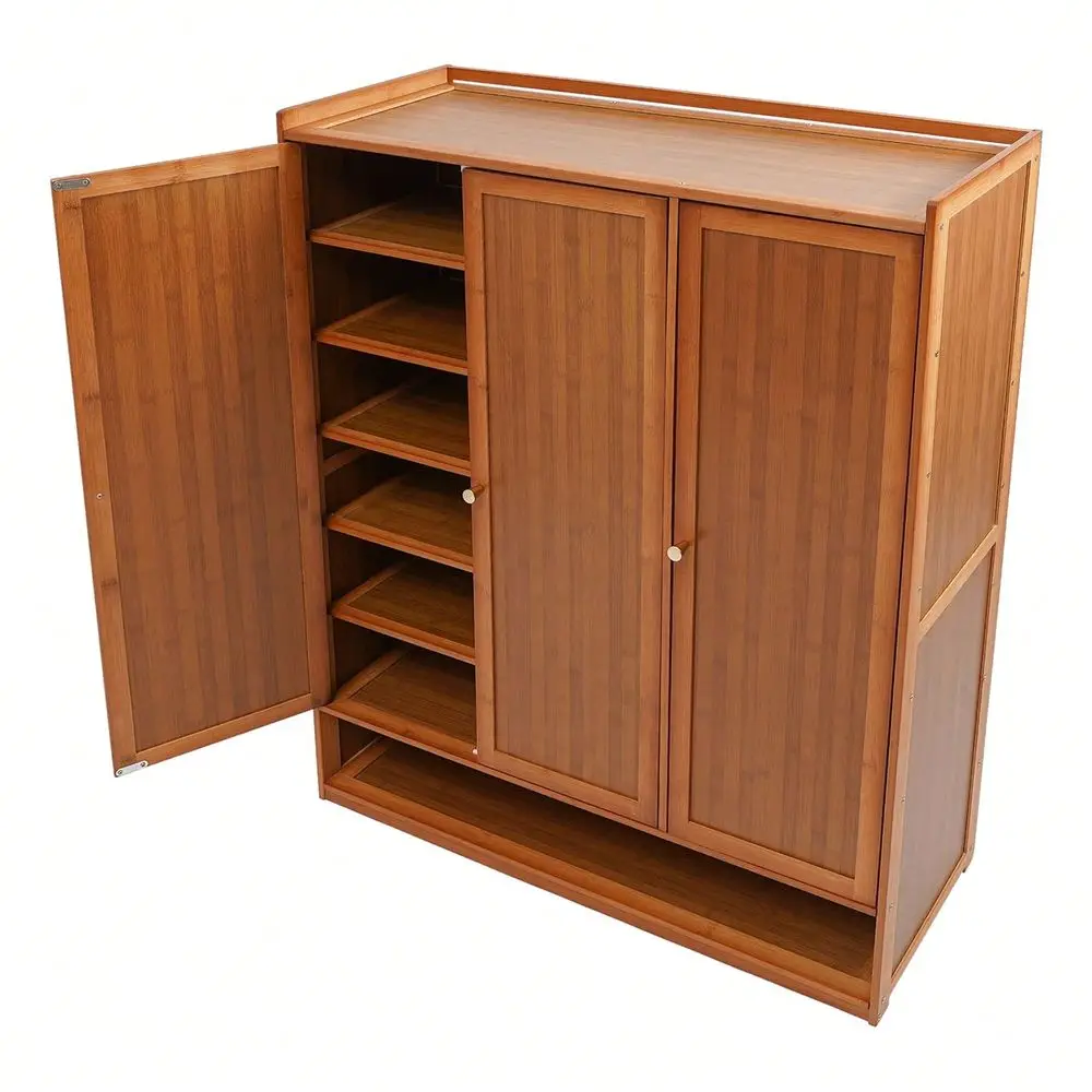 Storage Cabinet With Shutter Doors, Bamboo Shoe Floor Storage Organizer Rack Shoes Organizer