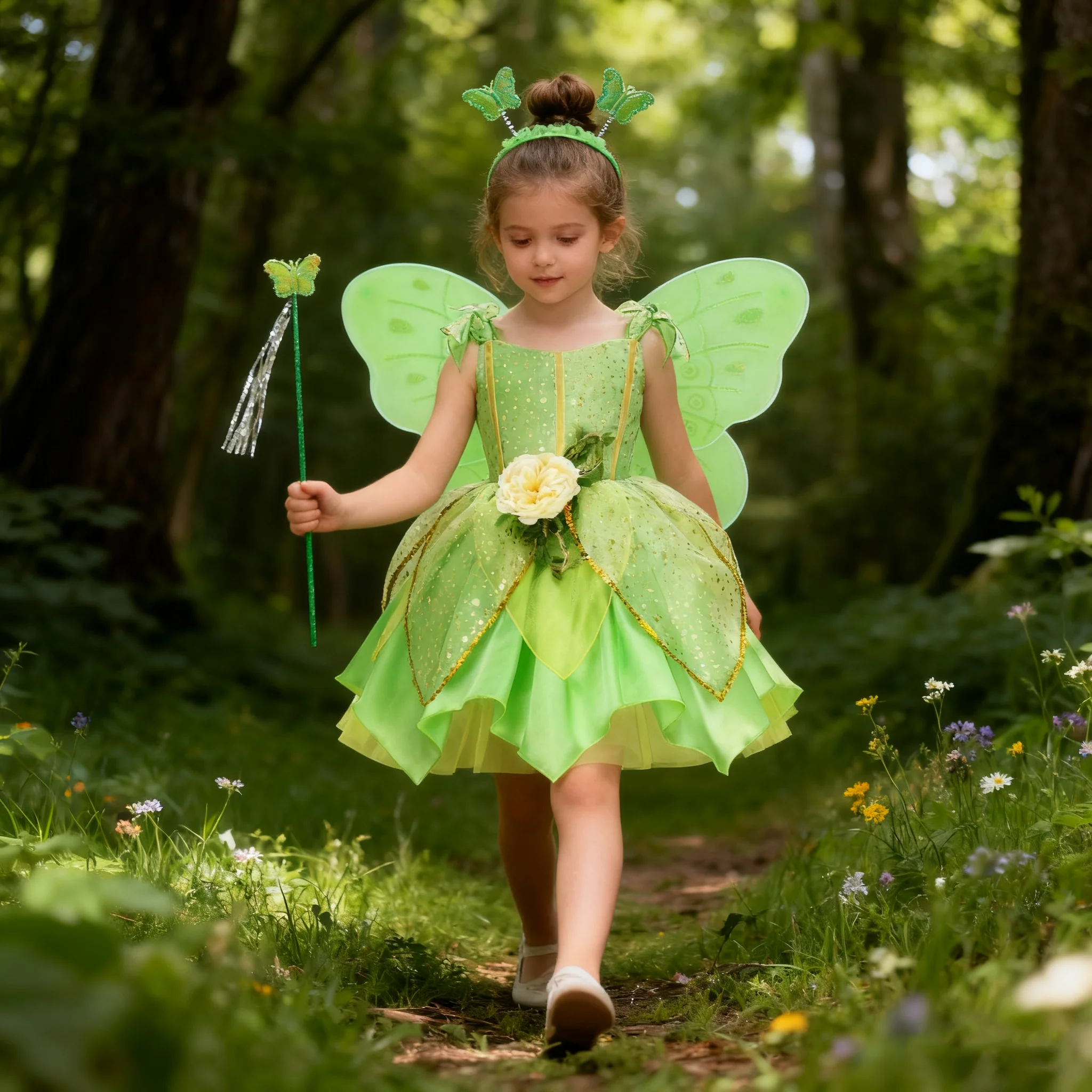 Girls Green Tinker Bell Fairy Costume Dress with Wings Accessories Set for Halloween Birthday Party
