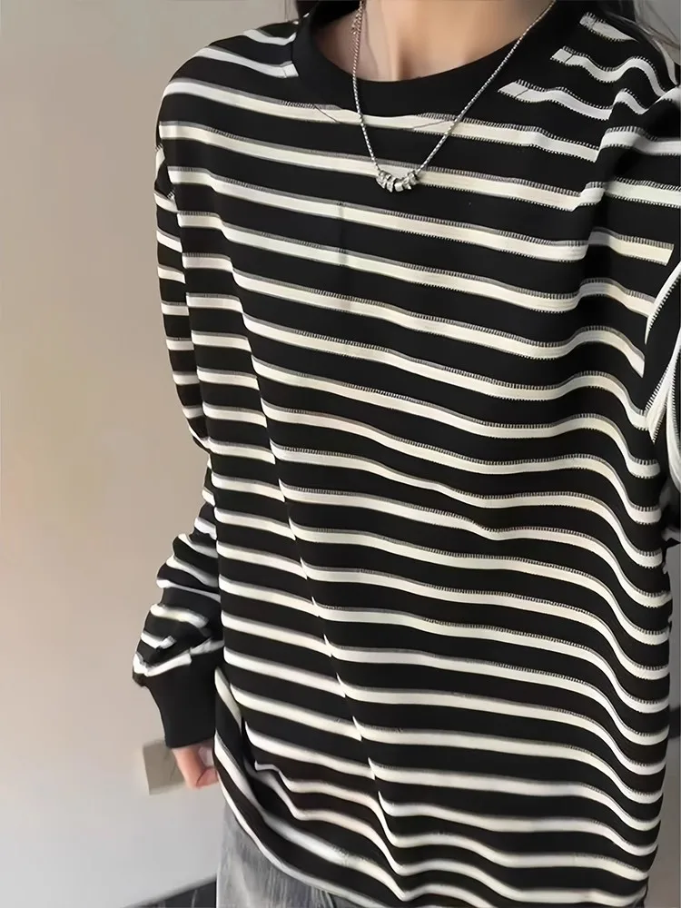 

Футболка Long Sve в американском стиле ретро в полоску ex Lazy Sle, свитер Base irt для осени и молодежи, смесь полиэстера Faion