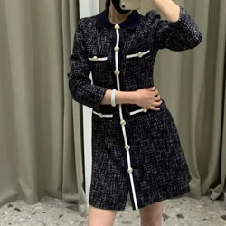 Office ladies elegant dress new French brand three-quarter sleeve pocket woven casual slim dress women