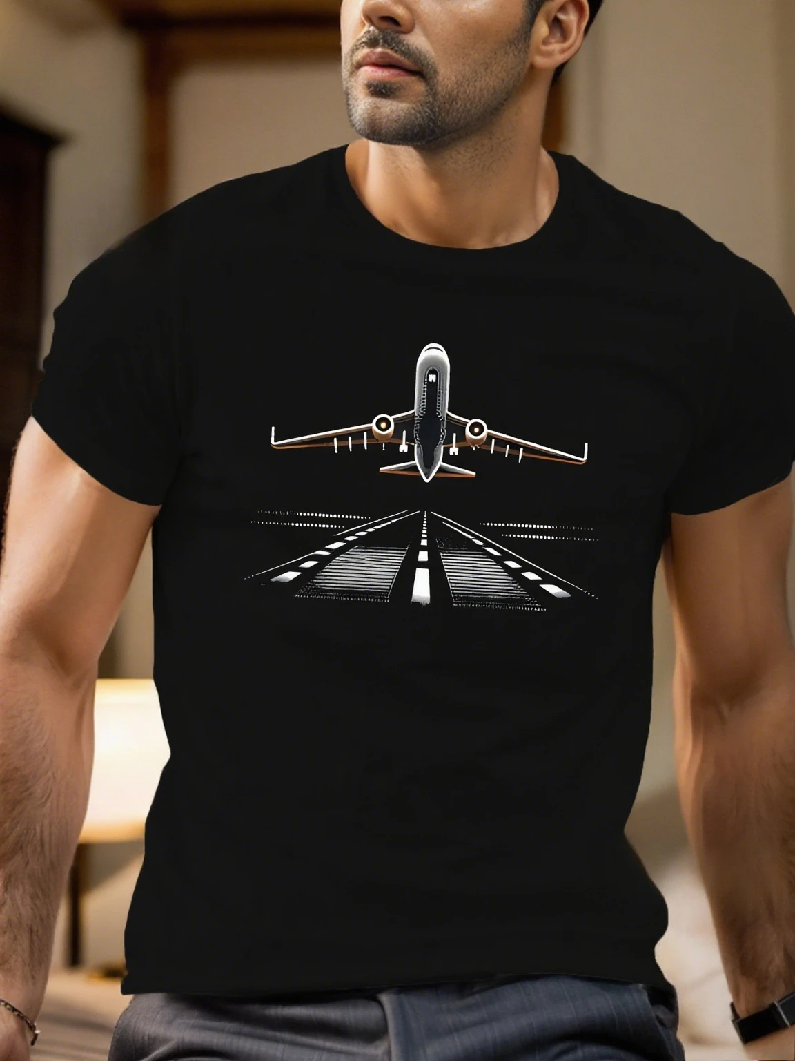 Men's Summer 100 Pure Cotton Fashionable Casual Loose Oversized Airplane Pattern Breathable Round Neck Short Sleeved T-shirt Top