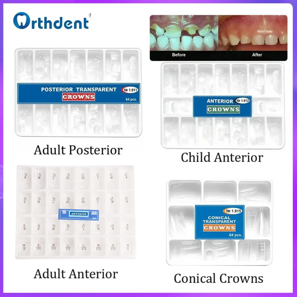 64 Pcs/Box Dental Teeth Crown Temporary Preformed Pre-crown Matrices Matrix Anterior Posterior Deciduous Transparent Adult Kids